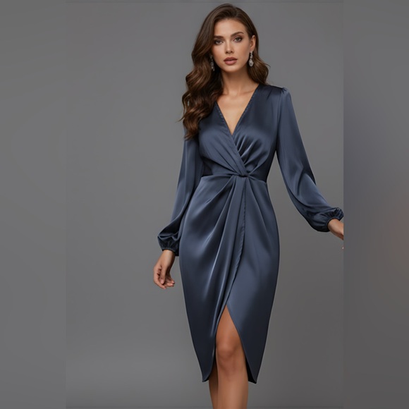 Navy Blue Satin Lantern Sleeve Wrap Hem Dress - Picture 3 of 5